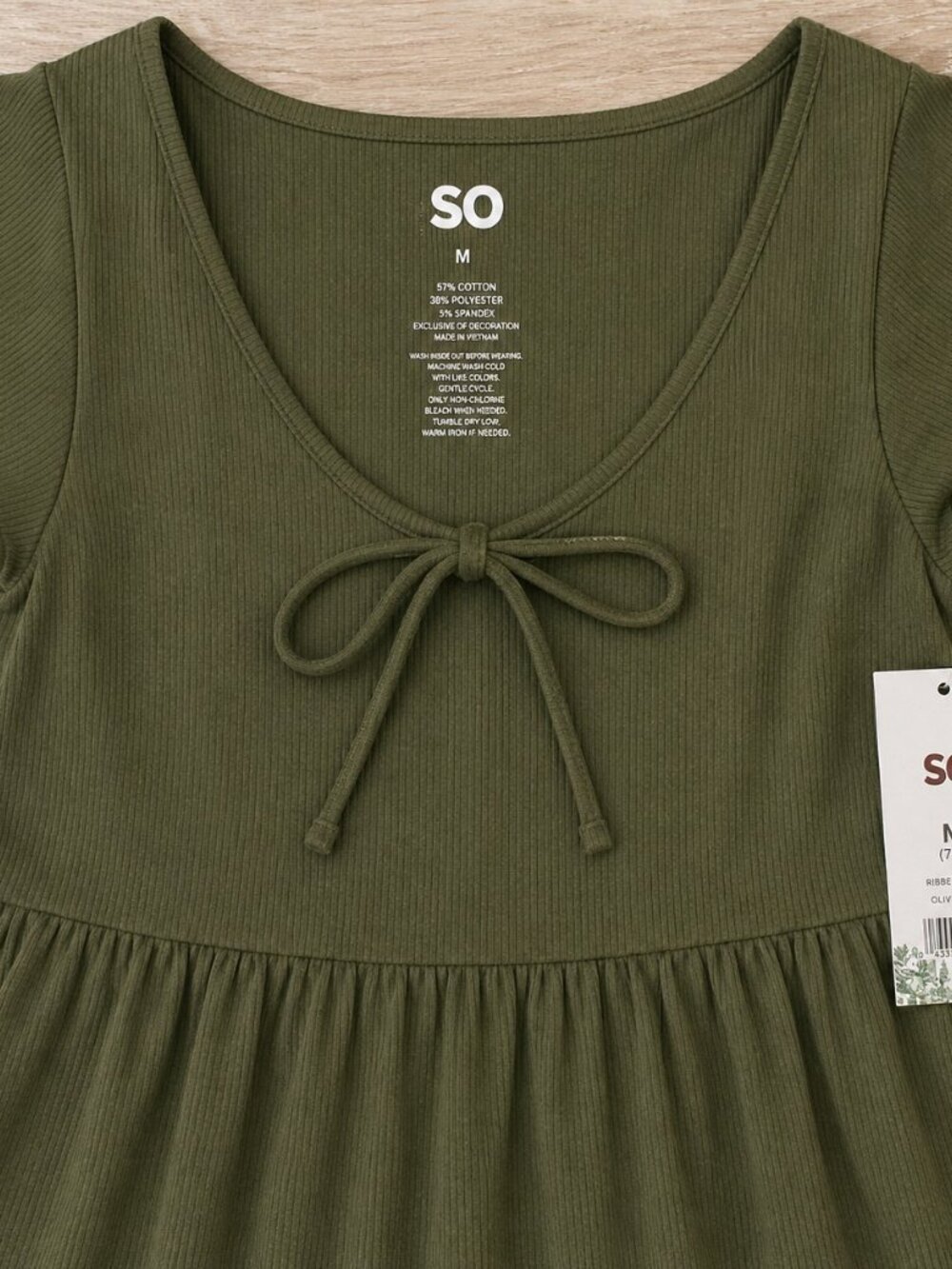 NWT SO Womens Medium Olive Green Tiered Mini Dress Ribbed Tie Front Boho Y2K - Picture 7 of 7